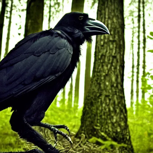 Prompt: creature consisting of a crow and a human, werecrow, photograph captured in a dark forest