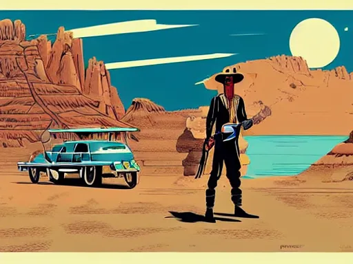 Image similar to a detailed illustration photorealistic of the Lone Ranger in the wild west town. flat colors, limited palette in FANTASTIC PLANET La planète sauvage animation by René Laloux