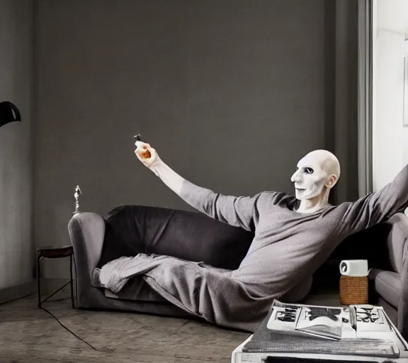 Image similar to Voldemort watching a twitch stream in a sofa, photoshoot