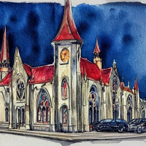 Prompt: watercolor sketch of gothic revival architecture concept, airport, warm, tasteful, lively