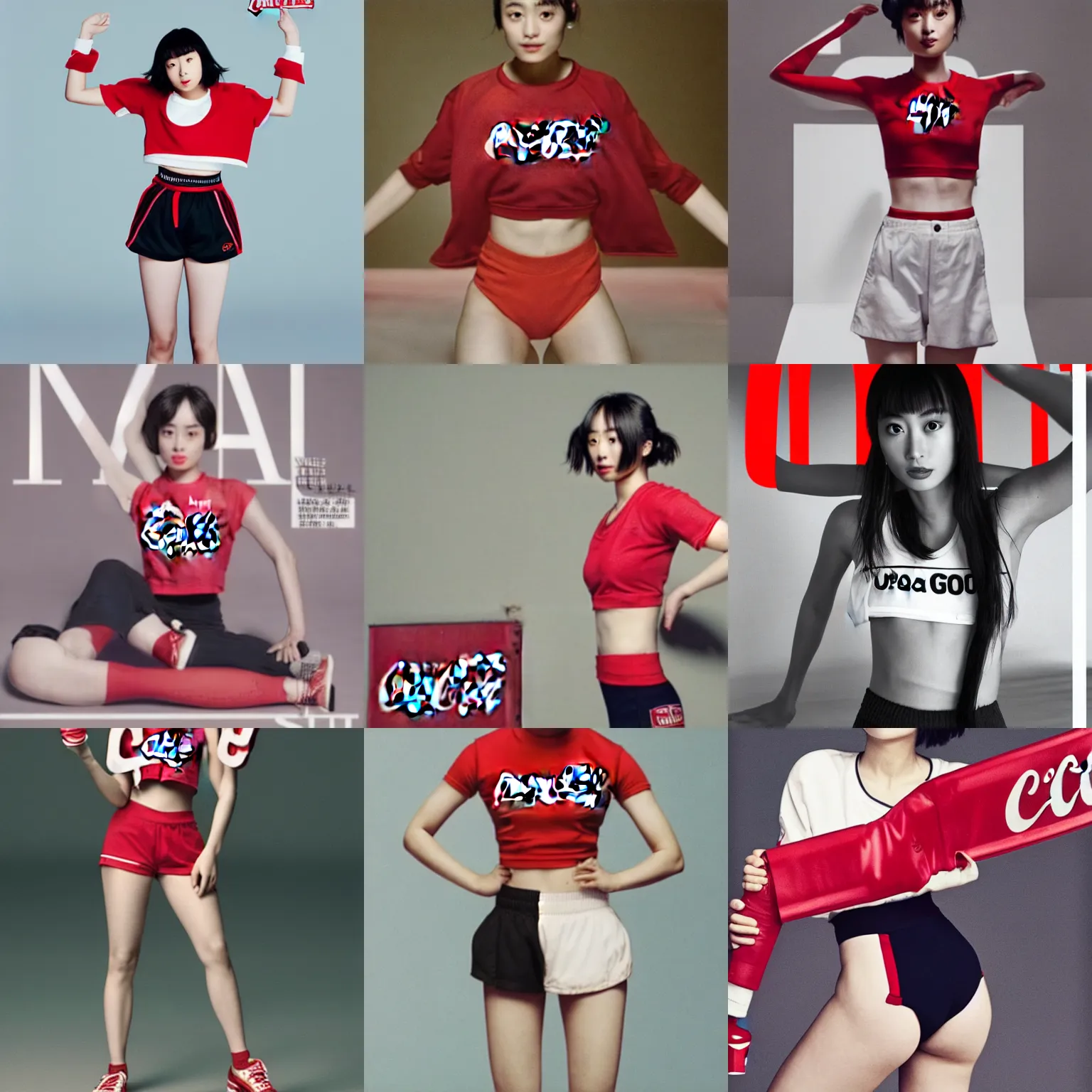 Prompt: suzu Hirose wearing crop red Coca Cola gym top with white Lettering, cropped red yoga short, white backdrop, advertising photograph by Mario Testino, Annie Leibovitz, masterwork