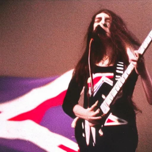 Image similar to 1 9 - year - old girl in a traditional doom metal band, new wave of british heavy metal, live in concert, live 1 9 8 6, united kingdom flags, union jack, playing electric guitar, headbanging crowd of longhairs, audience of longhairs, super 8 mm, grainy photo, colorized