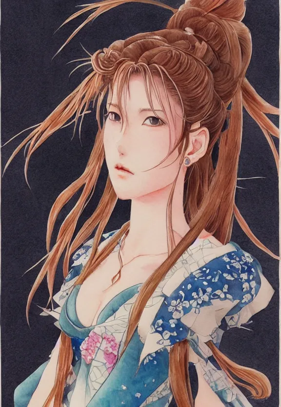 Image similar to a full-body watercolor painting of Aerith Gainsborough by Yoshitaka Amano, ukiyo-e, nouveau, concept art, 80's fantasy art, highly detailed, intricate, trending on artstation, award-winning