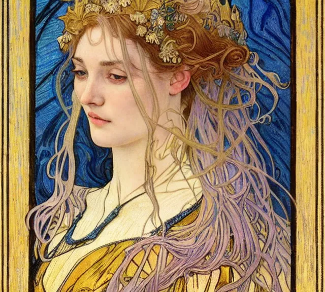 Image similar to detailed realistic beautiful young medieval queen face portrait by jean delville, alphonse mucha, vincent van gogh, and marco mazzoni, art nouveau, symbolist, visionary, gothic, pre - raphaelite