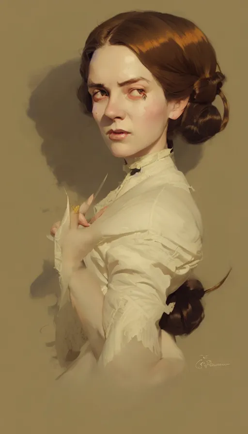 Image similar to hyper - realistic portrait of saorise rohnan as a victorian lady by atey ghailan, by greg rutkowski, by greg tocchini, by james gilleard, by joe fenton, by kaethe butcher, dynamic lighting, gradient light yellow, brown, blonde cream and white color scheme, grunge aesthetic
