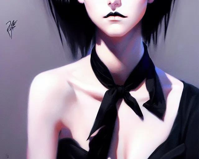 Prompt: a ultradetailed beautiful portrait panting of a stylish goth woman, wearing a shirt with a tie, dramatic, she has black hair, she is distressed, by hajime sorayama, greg rutkowski and makoto shinkai, trending on artstation