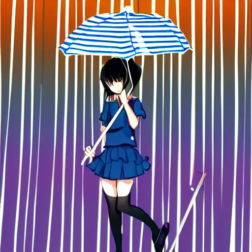 Image similar to rain, stripes, anime 1 9 8 0, umbrella, girl