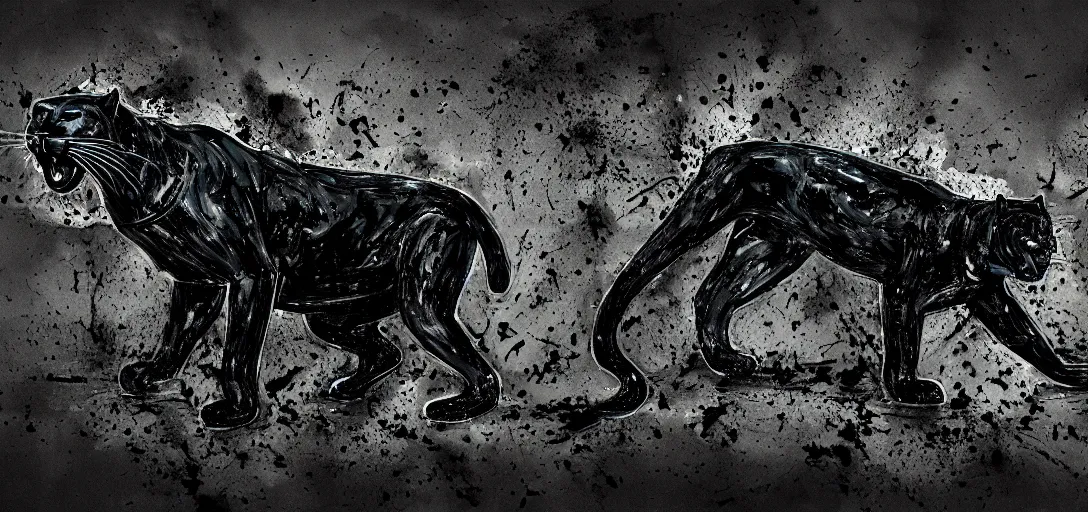 Image similar to a panther, made of tar, in a suburban backyard, sticky, full of tar, covered with tar, dripping tar, dripping tar, splattered tar, sticky tar. concept art, reflections, black goo, animal drawing, desktop background