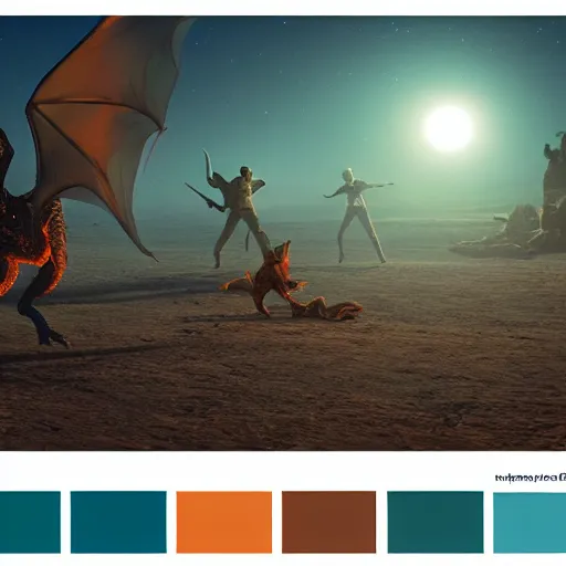 Image similar to dragon attacking adventurers, enchanted desert plateau, night time, lights in distance, cgsociety, realistic, roger deakins, 70mm, kodachrome, teal orange color palette 8k