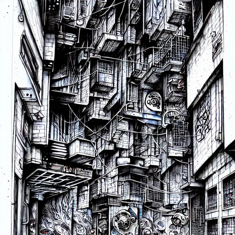 Image similar to an absurdly-detailed cyberpunk alleyway watercolor-calligraphy-pen drawing. Sea-life in a submerged-city.