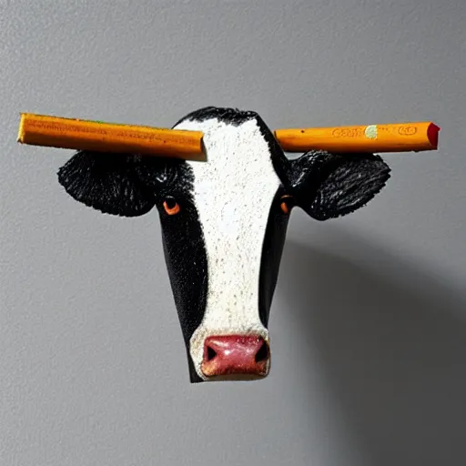 Prompt: A photorealistic sculpture of a cow made from matches