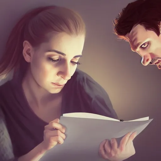 Image similar to realistic portrait of a terrified female author looking at some written notes while three male and one female characters look intensely, aesthetic!, trending on artstation, detailed digital art,