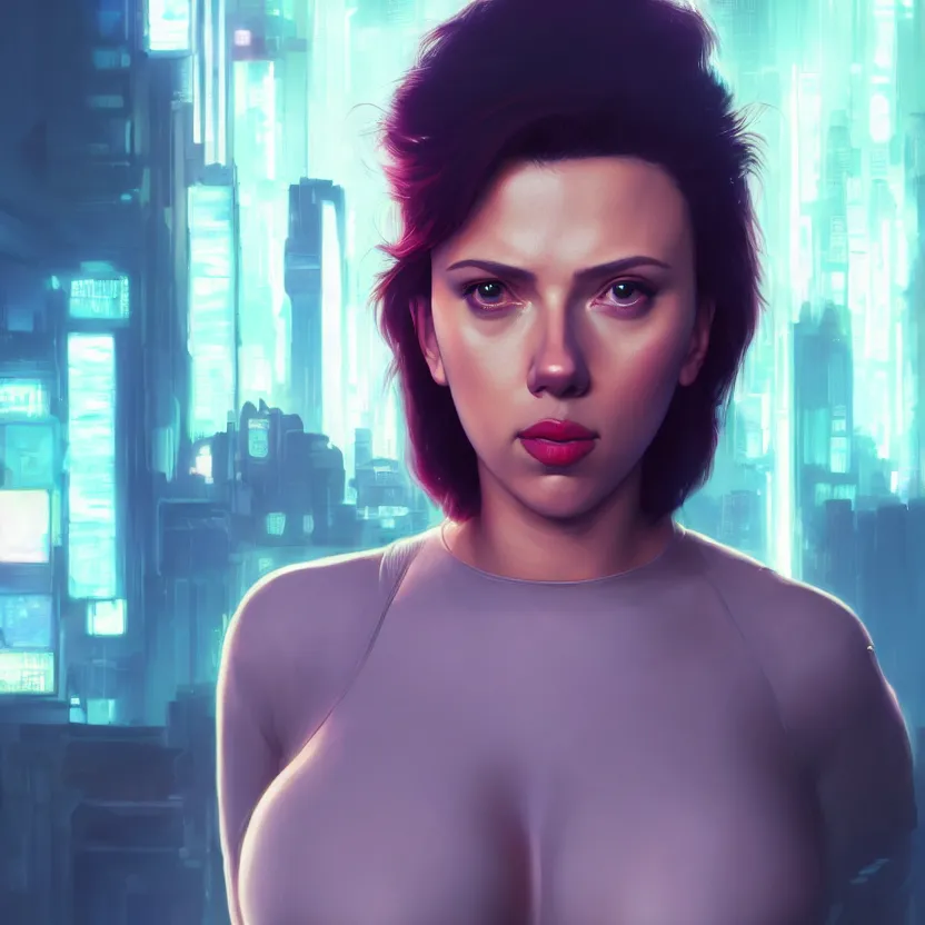 Image similar to 3 / 4 portrait, scarlett johansson as major mira killian from ghost in a shell, night, crop top, beautiful, in a modern city, neon signs, jewelry, artstation, william bouguereau, rossdraws, greg rutkowski, super detailed, realistic, octane render, volumetric, cinematic, 8 k