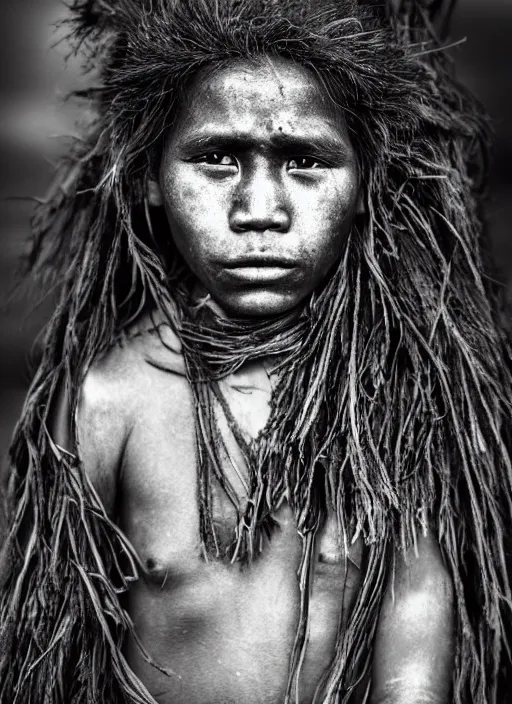 Image similar to Award winning Editorial photo of a Native Kiribati with incredible hair and beautiful hyper-detailed eyes wearing traditional garb with a Bokikokiko by Lee Jeffries, 85mm ND 5, perfect lighting, gelatin silver process