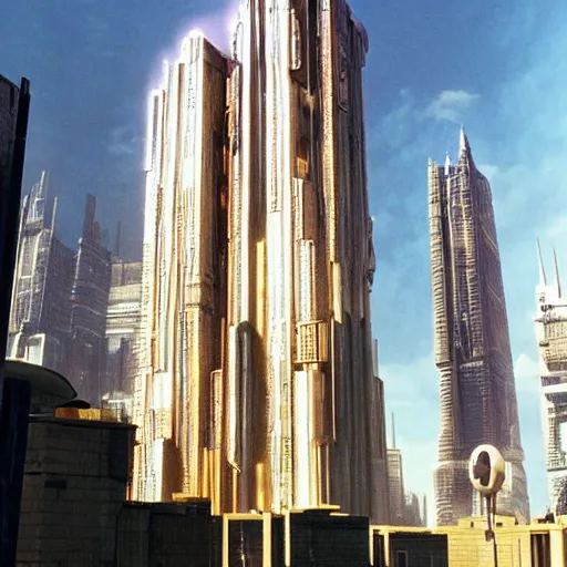 Prompt: giant building, move like robot, sci fi, style of The Fifth Element