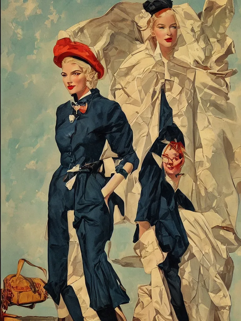 Image similar to stylish painting of future model in 2050 climate refugee outfit dress in the style of JC Leyendecker
