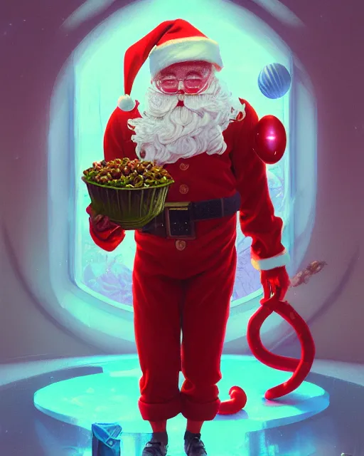 Image similar to highly detailed surreal vfx portrait of a candypunk santa, stephen bliss, unreal engine, greg rutkowski, loish, rhads, beeple, makoto shinkai and lois van baarle, ilya kuvshinov, rossdraws, tom bagshaw, alphonse mucha, global illumination, detailed and intricate environment