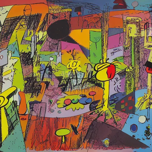 Prompt: The Anticipation of Surprise, isometric, by Charles M. Schulz, Roberto Matta