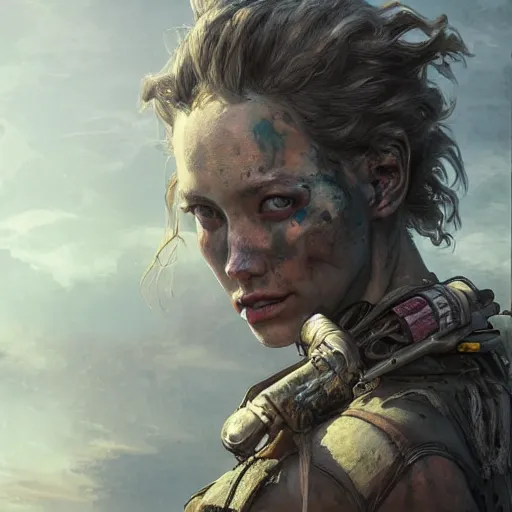 Image similar to portrait painting of a post apocalyptic woman, ultra realistic, concept art, intricate details, eerie, highly detailed, fallout, wasteland, photorealistic, octane render, 8 k, unreal engine 5. art by artgerm and greg rutkowski and alphonse mucha