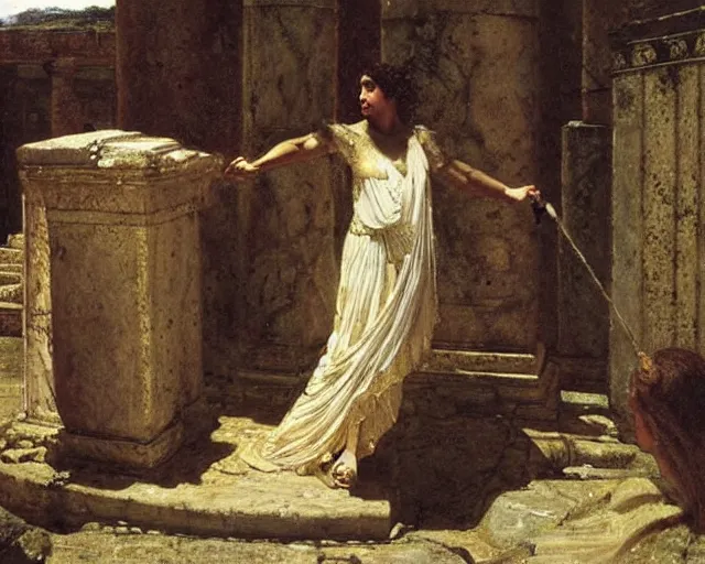 Prompt: euripides's medea performed in an ancient greek amphitheater by lawrence alma - tadema,