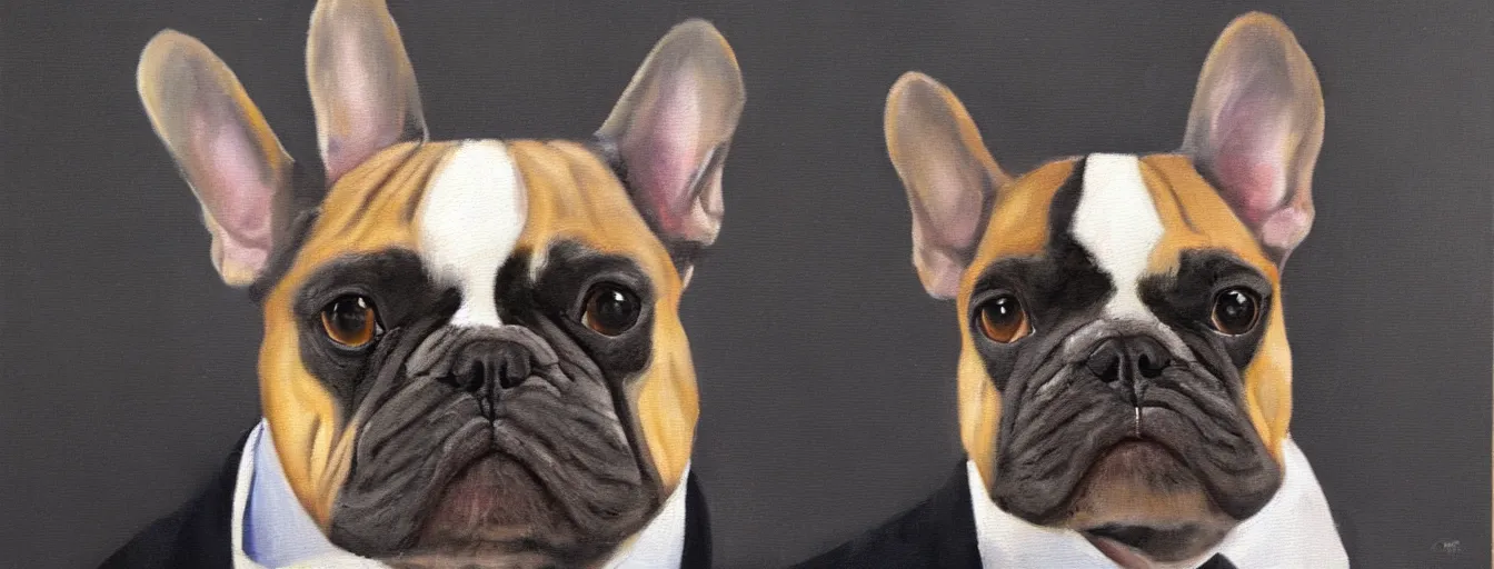 Image similar to oil painting of a french bulldog wearing businessman attire