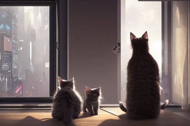 Image similar to Big european shorthair cat and small fluffy kitten from the back in the apartment room looking to window in a cyberpunk city, soft god rays from city lights outside the window, unreal engine 5, soft neon atmosphere, photorealistic, soothing colors, somber melancholic matte painting, hyperrealism, hyperrealistic, cinematic masterpiece, cyberpunk style 8k ultrahd octane render