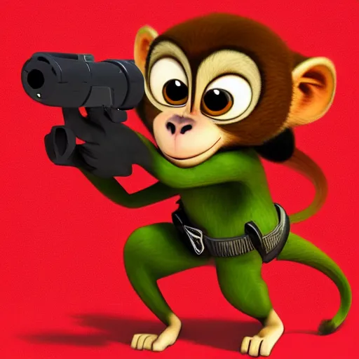 Image similar to “ logo of a monkey in the style of zootopia holding laser gun, with a black background, digital art, award winning, trending on art station, retro style ”