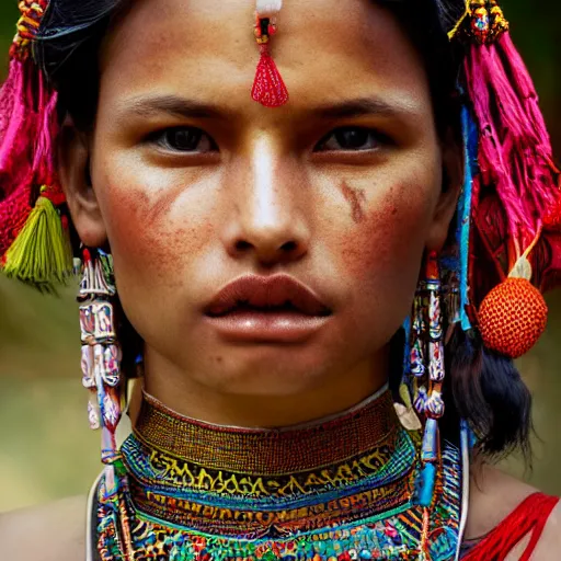 Prompt: portrait of a stunningly beautiful nepali tribal female, depth of field, zeiss lens, detailed, symmetrical, centered, fashion photoshoot, by Annie Leibovitz and Steve McCurry, David Lazar, Jimmy Nelsson, Breathtaking, 8k resolution, extremely detailed, beautiful, establishing shot, artistic, hyperrealistic, beautiful face, octane render