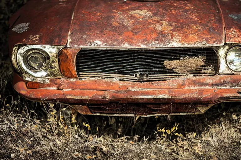 Image similar to A closeup of a rusty old mustang in an abandoned big workshop, sun lighting from above, taken with a Leica camera, overgrown foliage, ambient lighting, bokeh, sunset time, highly detailed art