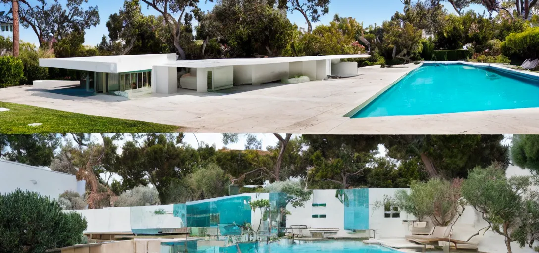 Image similar to midcentury house made of pentelic marble, designed by ictinus and callicrates. neptune pool in backyard. built in 1 9 5 9 in santa monica. owned by hollywood executive