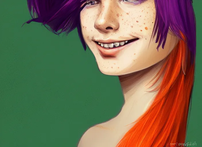 Image similar to portrait of a beautiful smiling girl with orange hair and freckles, green eyes, highly detailed, digital painting, concept art, smooth, sharp, focus, background is purple, trending on deviantart