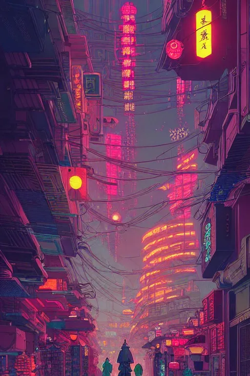 Image similar to a beautiful hyperdetailed matte illustration victo ngai cyberpunk style of absolutely beautiful cyberpunk street, from china, perfectly shaded, atmospheric lighting, style of studio ghibli, makoto shinkai, raphael lacoste, louis comfort tiffany, artgerm, james jean, ross tran, chinese style