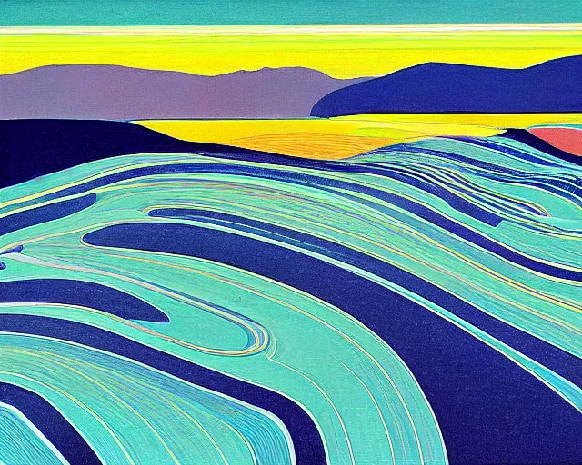 Image similar to A wild, insane, modernist landscape painting. Wild energy patterns rippling in all directions. Curves, organic, zig-zags. Saturated color. Mountains. Clouds. Rushing water. Wayne Thiebaud.