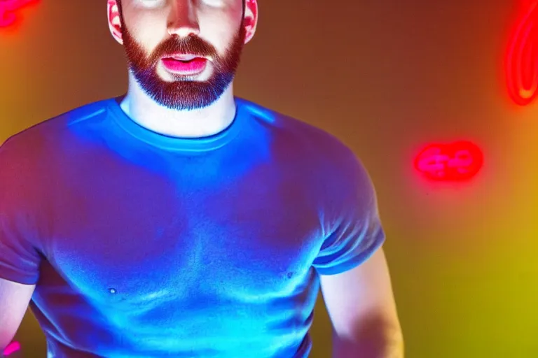 Prompt: chris evans, posing for the camera, neon lighting, closeup!!!!!!, macro!!!!!!, 3 5 mm!!!!!! lens, comprehensive art, neon!!!!!! atmosphere, intricately detailed, indistinguishably unique, 4 k, 8 k, detailed facial features