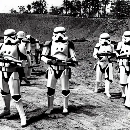 Image similar to star wars clone troopers offer aid to soldiers in vietnam, photo, old picture, lush landscape, field, firearms, war, bombs, explosions, x - wings, tie fighters, aerial combat, active battle zone, in trenches, star wars droid battle, jedi master, land mines, gunfire, grenades, violence, tanks, lasers