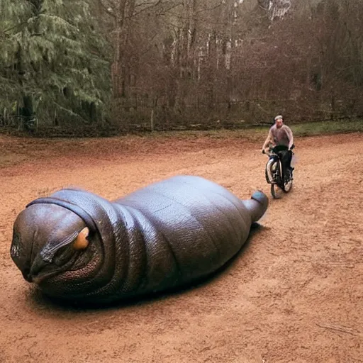 Image similar to a man riding a giant slug like its a horse