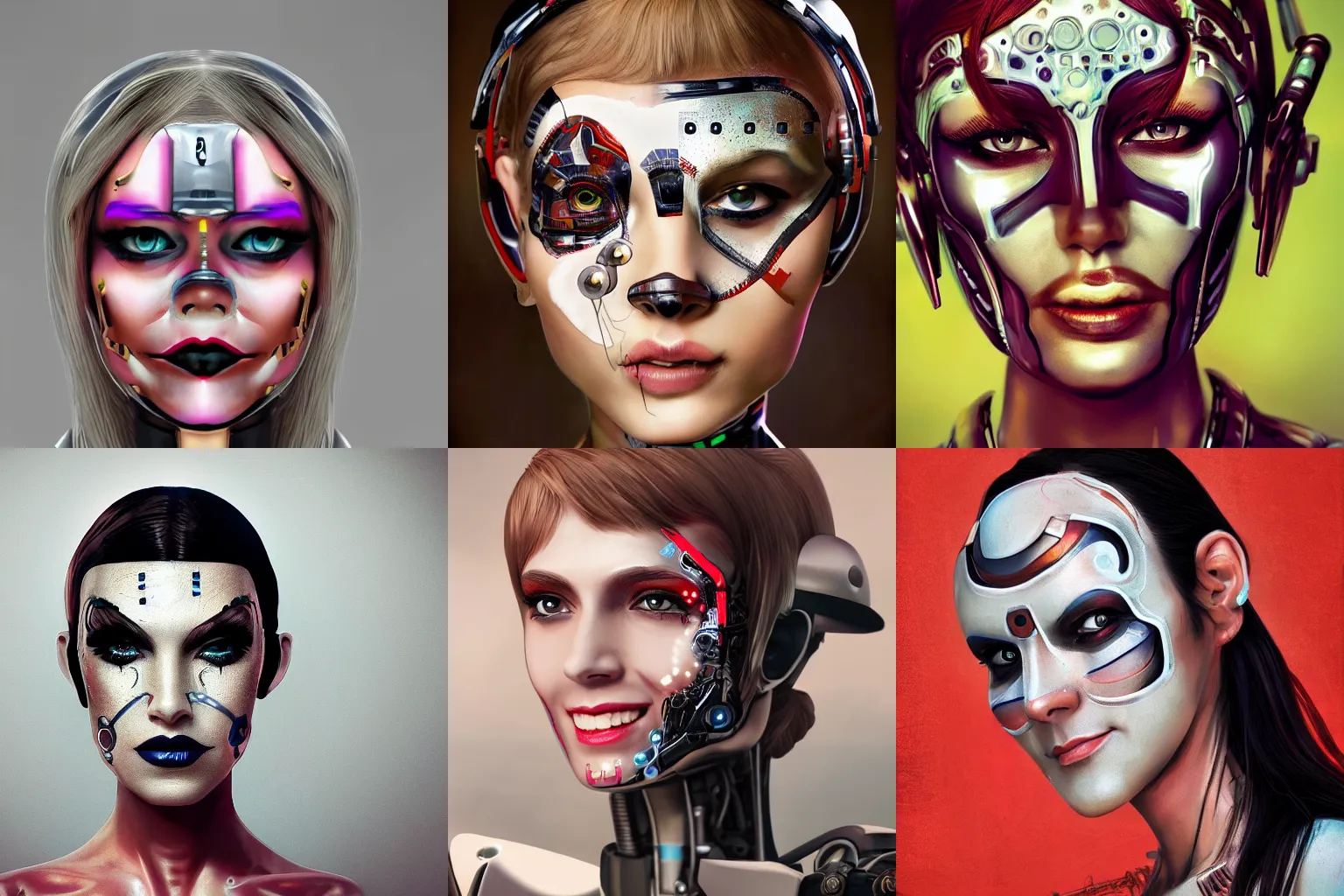 Prompt: cyborg robot woman portrait face painting, looking straight to camera, 4k, ornate, digital art, cute smile, in style of Ilya Kuvshinov