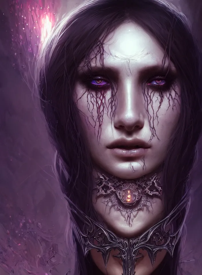 Image similar to Necromancer Sorceress face close-up macro in center, fantasy magic, undercut hairstyle, dark light night, intricate, elegant, sharp focus, illustration, highly detailed, digital painting, concept art, matte, art by WLOP and Artgerm and Greg Rutkowski and Alphonse Mucha, masterpiece