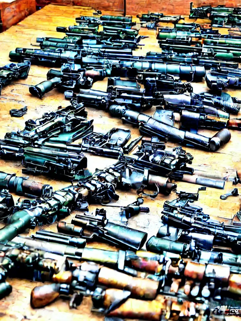 Image similar to kaleidoscope of machine guns, shotguns, rifles, revolvers, bullets, ultra-realistic, intricate details photograph,