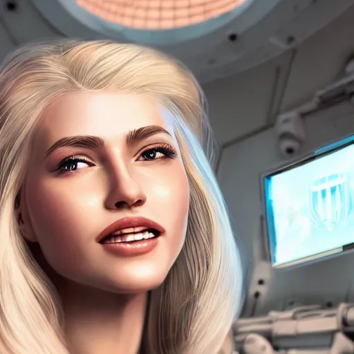 Prompt: bright white sci-fi utopia, close-up portrait of beautiful blonde military woman smiling, award-winning digital art, unreal engine, illustration