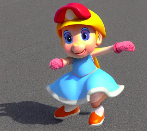 Prompt: 3D render of Princess Peach skateboarding. She has a helmet on.