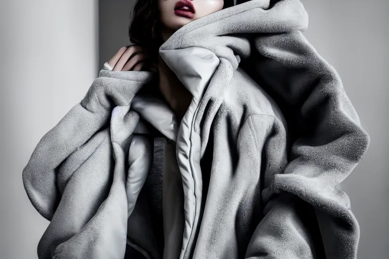 Image similar to well lit fashion shoot portrait of extremely beautiful female marble statue wearing huge over size puffer jacket by dingyun zhang, yeezy, balenciaga, vetements, a cold wall, sharp focus, clear, detailed,, cinematic, detailed, off white, glamourous, symmetrical, vogue, editorial, fashion, magazine shoot, glossy