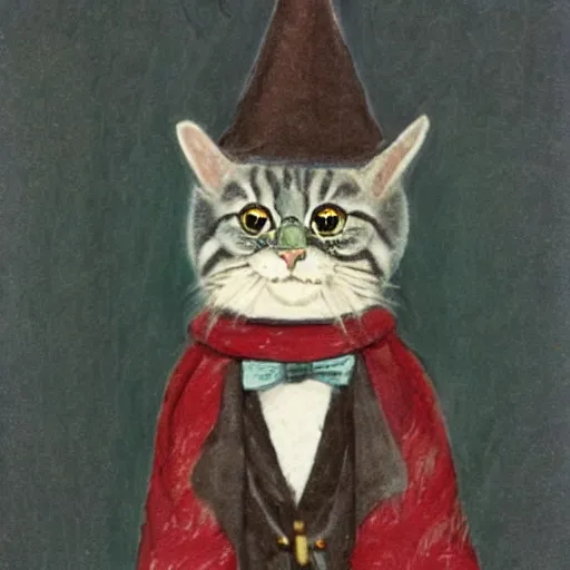 Prompt: a mackerel cat dressed as a wizard