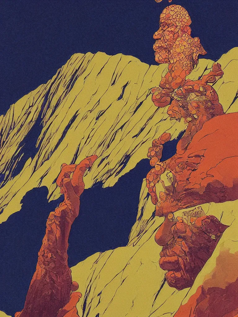 Prompt: a closeup portrait of an wise old man on mind altering drugs, lsd acid and dreaming psychedelic hallucinations in the mountains, by kawase hasui, moebius, edward hopper, colorful flat surreal design, dramatic lighting, hd, 8 k, artstation