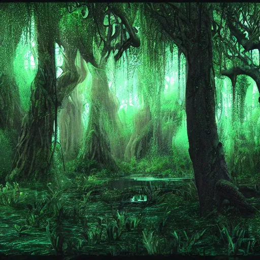 Image similar to [ [ mossy swamp ] ] : : [ disney animation ] : : fantasy, epic : : realistic lighting, shading, shadows : : glowing green : : [ [ biopunk art ] ] : : 8 k