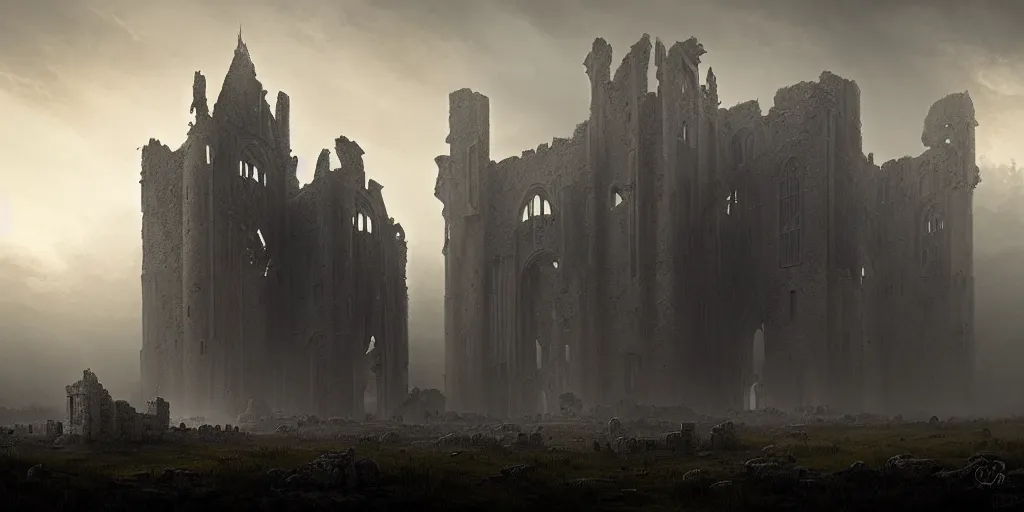 Image similar to ruins of a gothic castle, dusk, mist, dusty, ultra high definition, ultra detailed, symmetry, sci - fi, dark fantasy, dramatic lighting, by greg rutkowski and ross tran