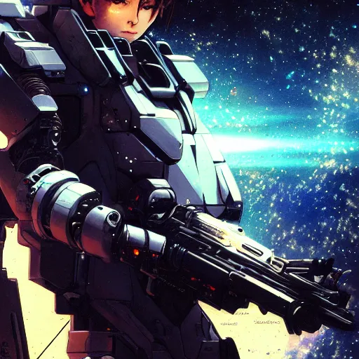 Image similar to photorealistic, bokeh, beautiful detail, stars in the sky, cybernetic, sci-fi space game art, jeon Jungkook holding a gun. alien planet art by Akihito Yoshitomi AND Yoji Shinkawa AND Greg Rutkowski, Mark Arian trending on artstation