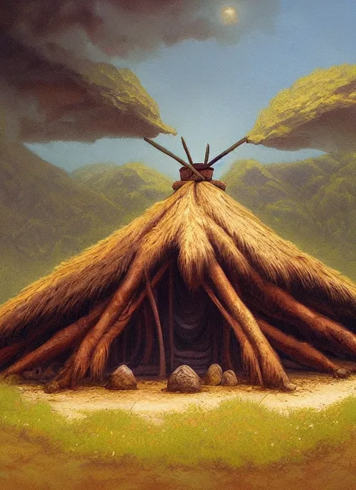 Prompt: a painting of an indigenous sweat lodge hut, beautiful colors, matte painting, by christophe vacher
