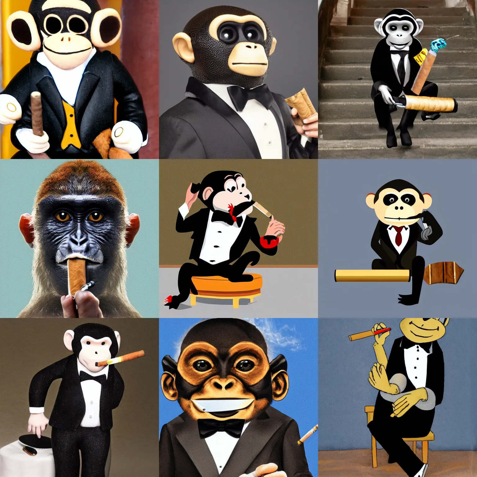 Prompt: Monkey in Tuxedo smoking cigar