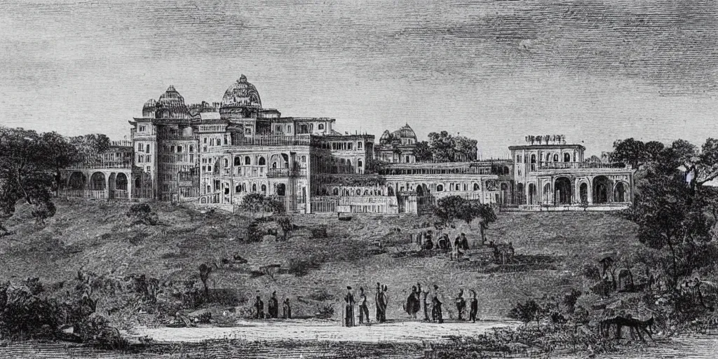 Image similar to ashanti palace, located atop a hill overlooks the capital city. 1 8 7 4. colonial era sketch